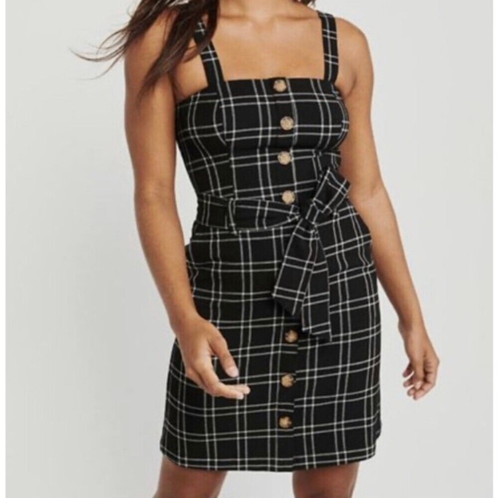 Abercrombie & Fitch dress black pinafore window pane plaid stretch belted SZ XS